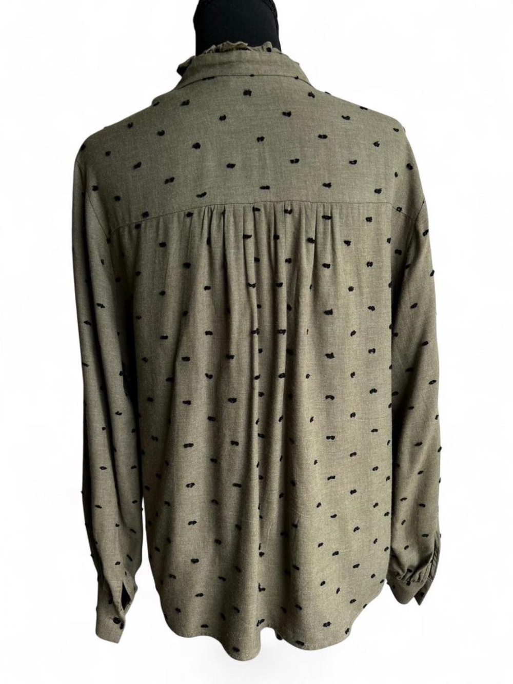 Olive Dot Blouse Ruffle Collar ZARA Textured Z1975 Size Medium - Picture 2 of 3